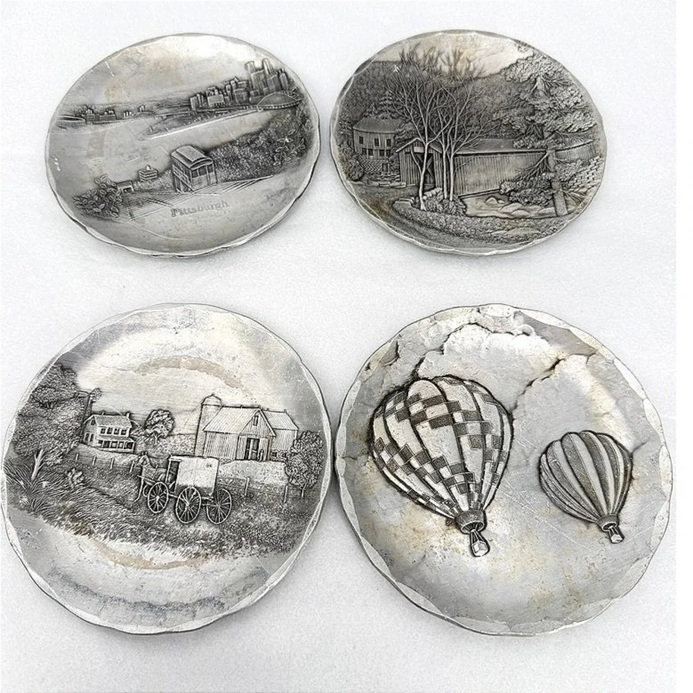 Wendell August Forge Coasters Hand Hammered Aluminum Scenic Decor 4pc Round